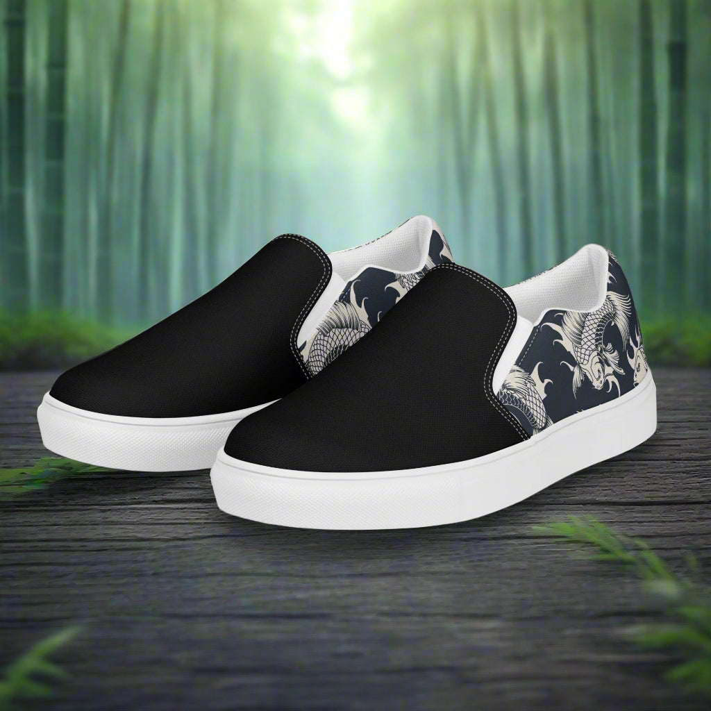 Women’s Designer, Slip-on Canvas Shoes, Black with White Koi Swimming, Asian Print, Two-Tone