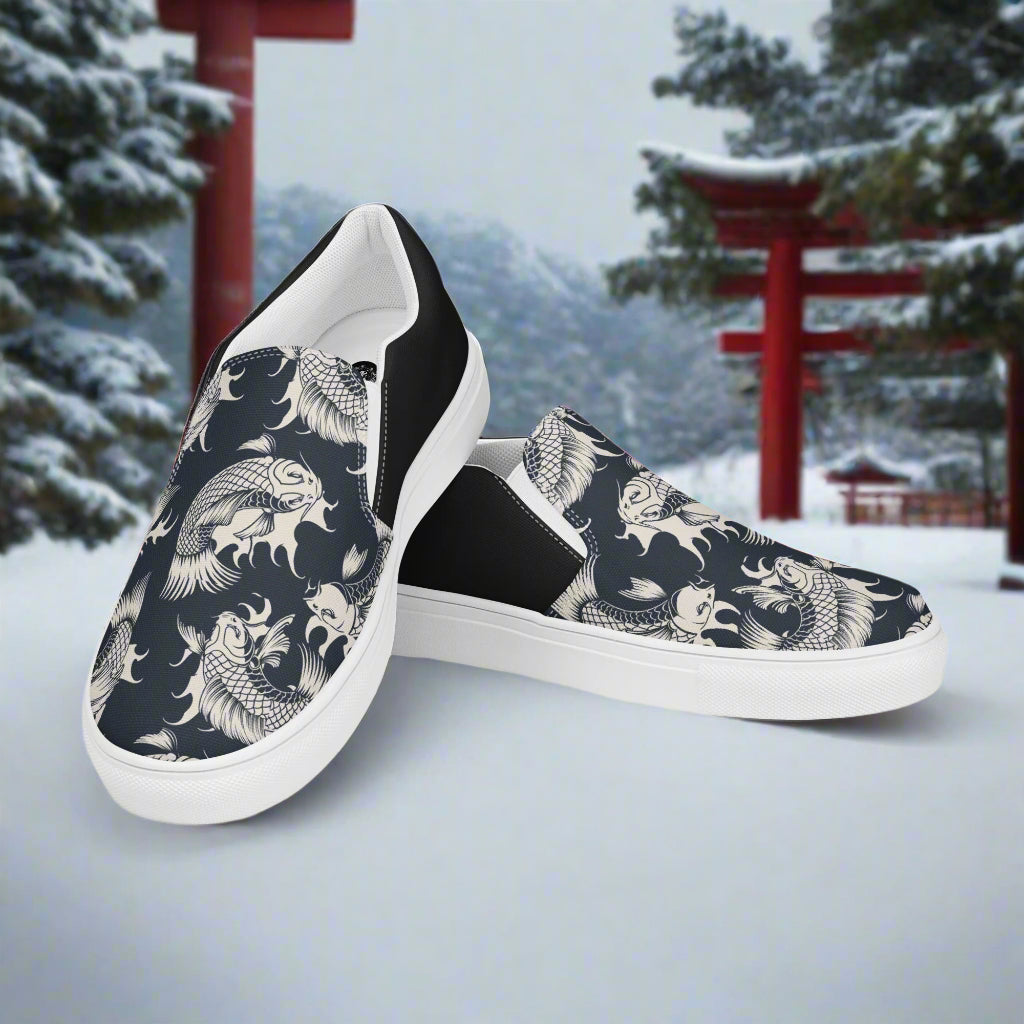 Women’s Designer, Slip-on Canvas Shoes, Black with White Koi Swimming, Asian Print, Halftone