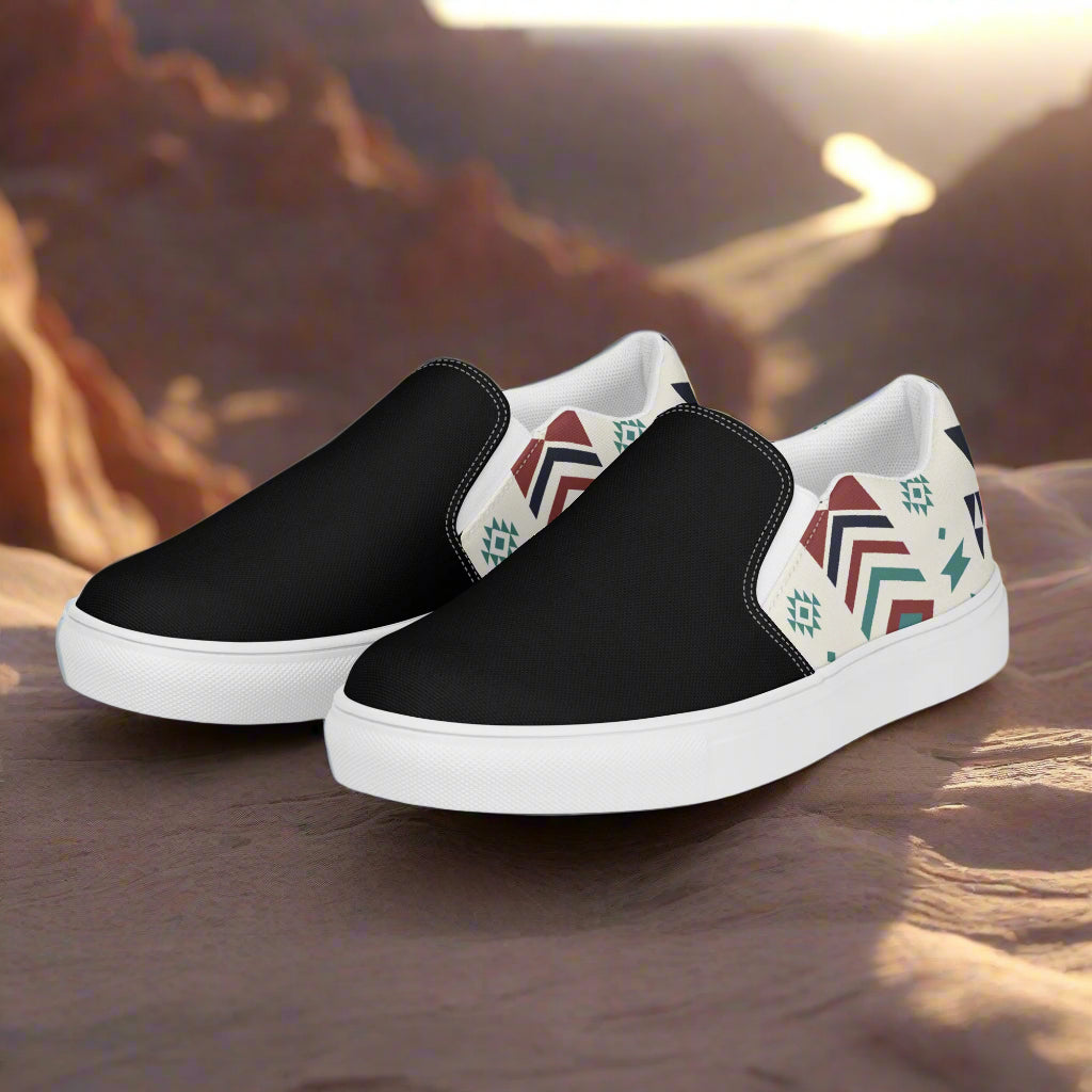 Women’s Southwest Print, Slip-on Canvas Shoes, Native American, Geometric Pattern, Supai Two-Tone