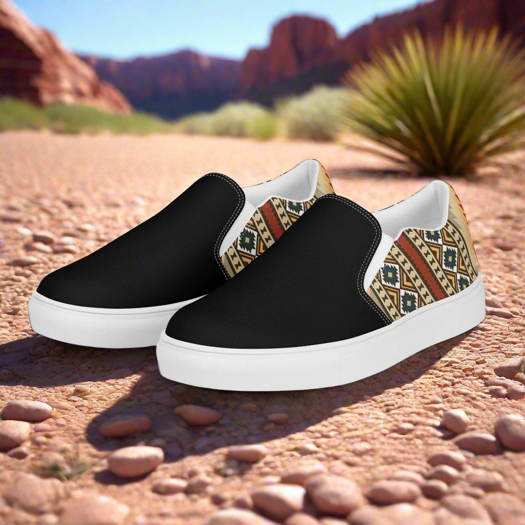 Women’s Southwest Print, Slip-on Canvas Shoes, Native American, Geometric Pattern, Kayenta Two-Tone