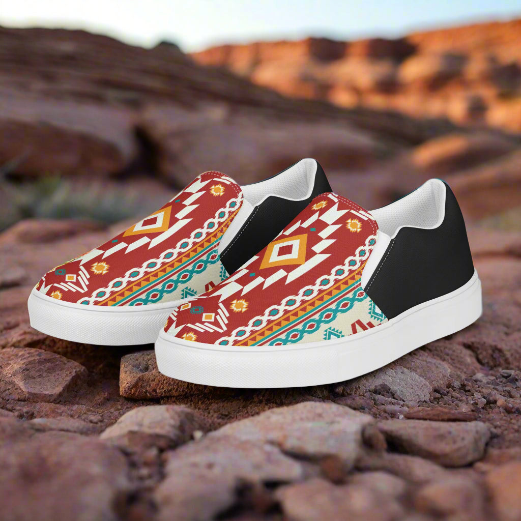 Women’s Southwest Print, Slip-on Canvas Shoes, Native American, Geometric Pattern, Nogales Halftone