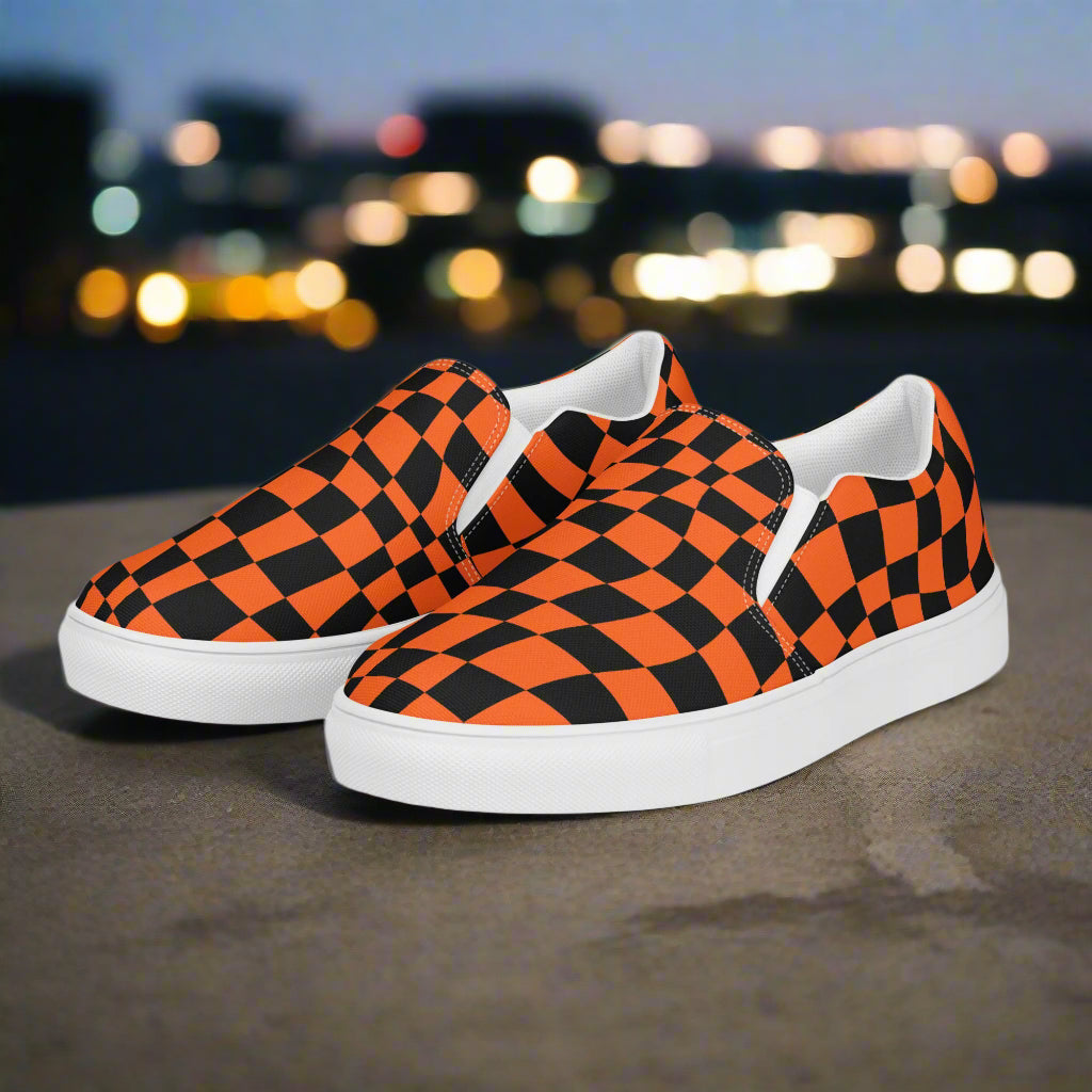 Women’s Custom Streetwear Style Designer Slip-On Canvas Sneakers, Orange and Black Checkered Pattern