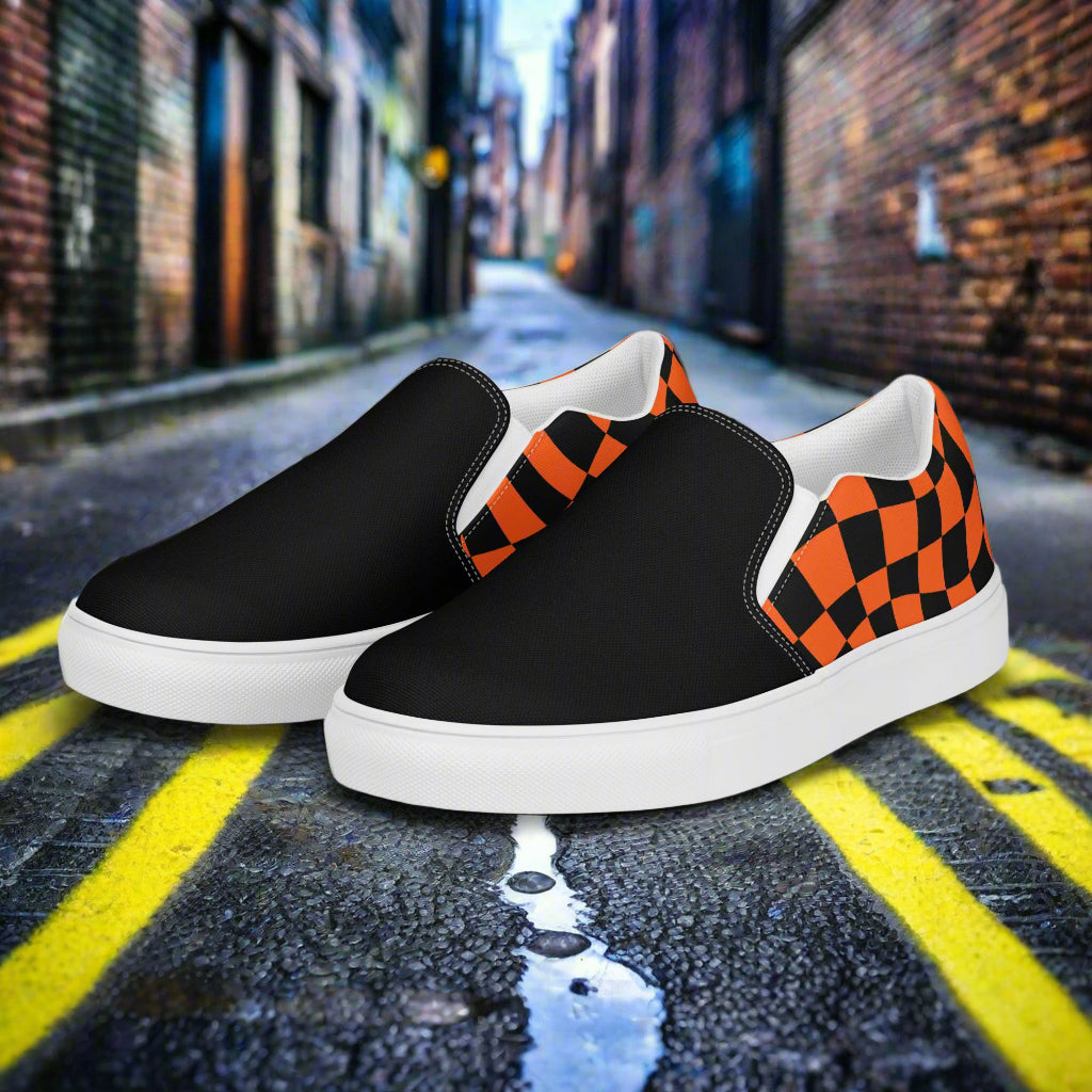 Women’s Custom Streetwear Style Designer Slip-On Canvas Sneakers, Orange and Black Checkered Two-Tone