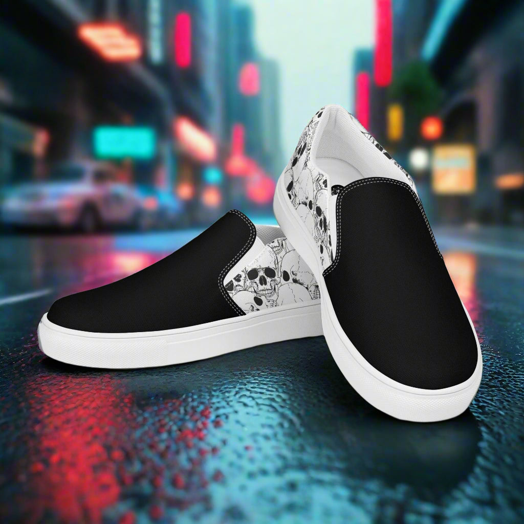 Women’s Custom Streetwear Style Designer Slip-On Canvas Sneakers, White Skulls, Two-Tone