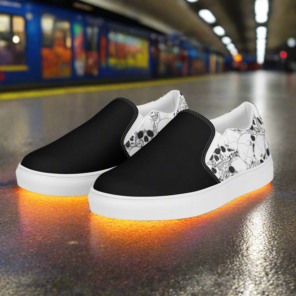 Women’s Custom Streetwear Style Designer Slip-On Canvas Sneakers, White Skulls, Two-Tone