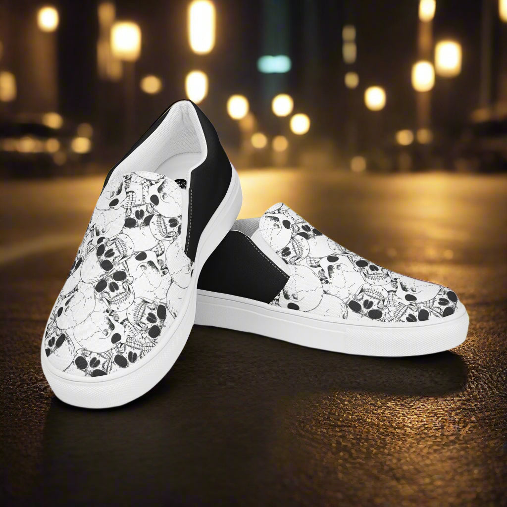 Women’s Custom Streetwear Style Designer Slip-On Canvas Sneakers, White With Black Line Skulls Halftone