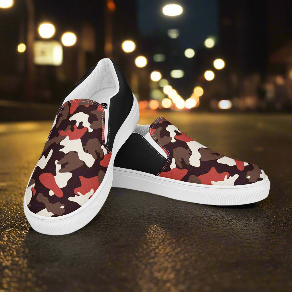 Women’s Custom Red Camo Print Slip-On Canvas Shoes - Halftone