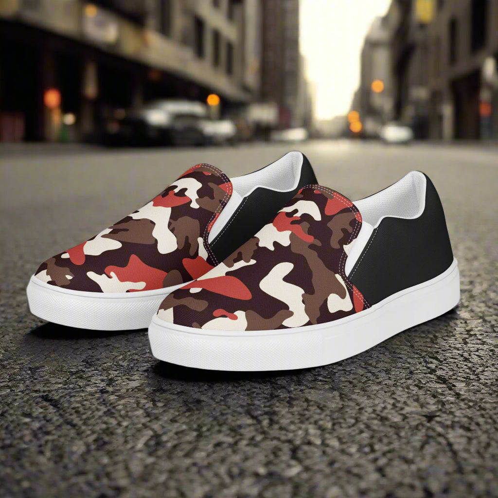 Women’s Custom Red Camo Print Slip-On Canvas Shoes - Halftone