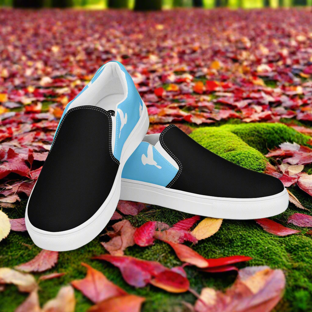 Women’s Bespoke, Slip-on Animal Print Canvas Shoes, Pastel Blue with White Birds Flying Two-Tone