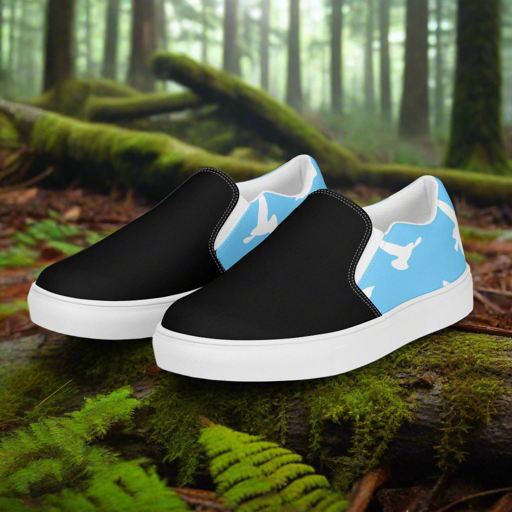 Women’s Bespoke, Slip-on Animal Print Canvas Shoes, Pastel Blue with White Birds Flying Two-Tone