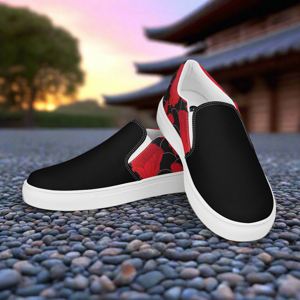 Women’s Custom Slip-on Canvas Shoes, Floral Print, Red Lily Pattern, Two-Tone