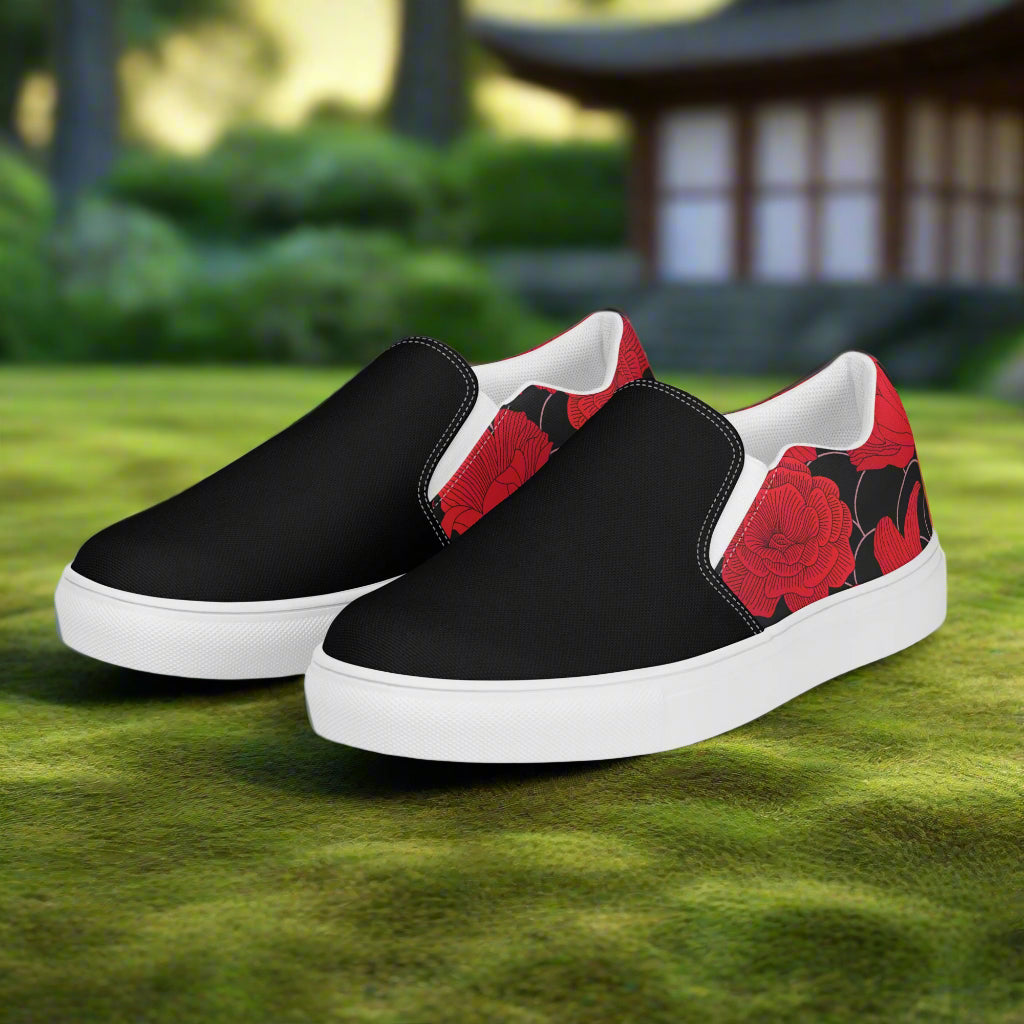 Women’s Custom Slip-on Canvas Shoes, Floral Print, Red Lily Pattern, Two-Tone