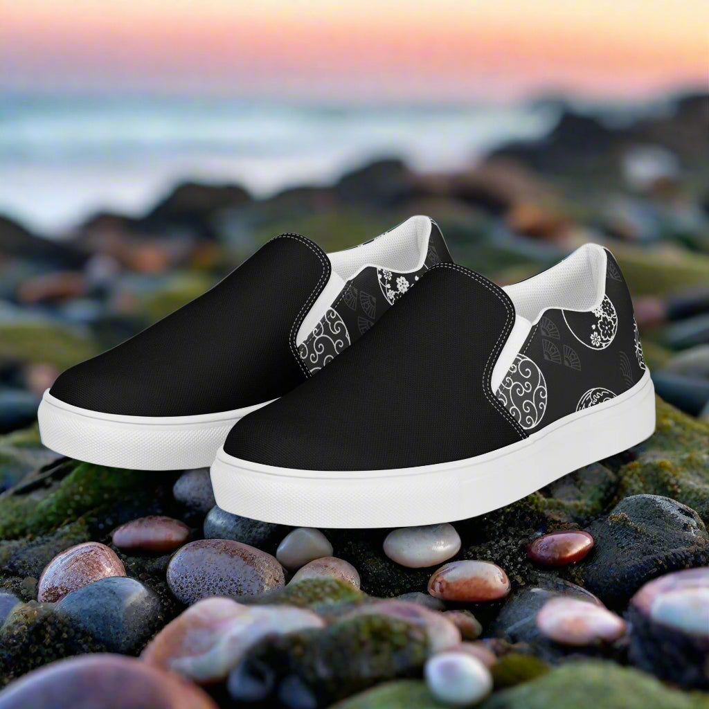 Women’s Custom Asian Print, Slip-on Canvas Shoes, Black with Japanese Traditional Crests, Two-Tone Pattern