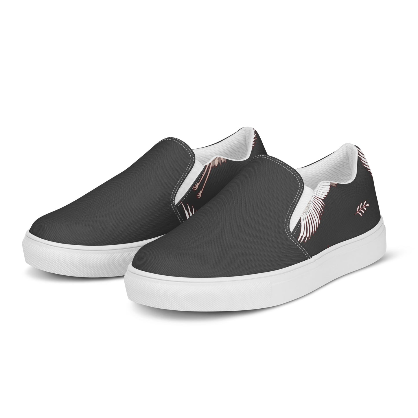 Women’s Custom Slip-on Canvas Shoes, Black with White Cranes, Asian Animal Print, Two-Tone