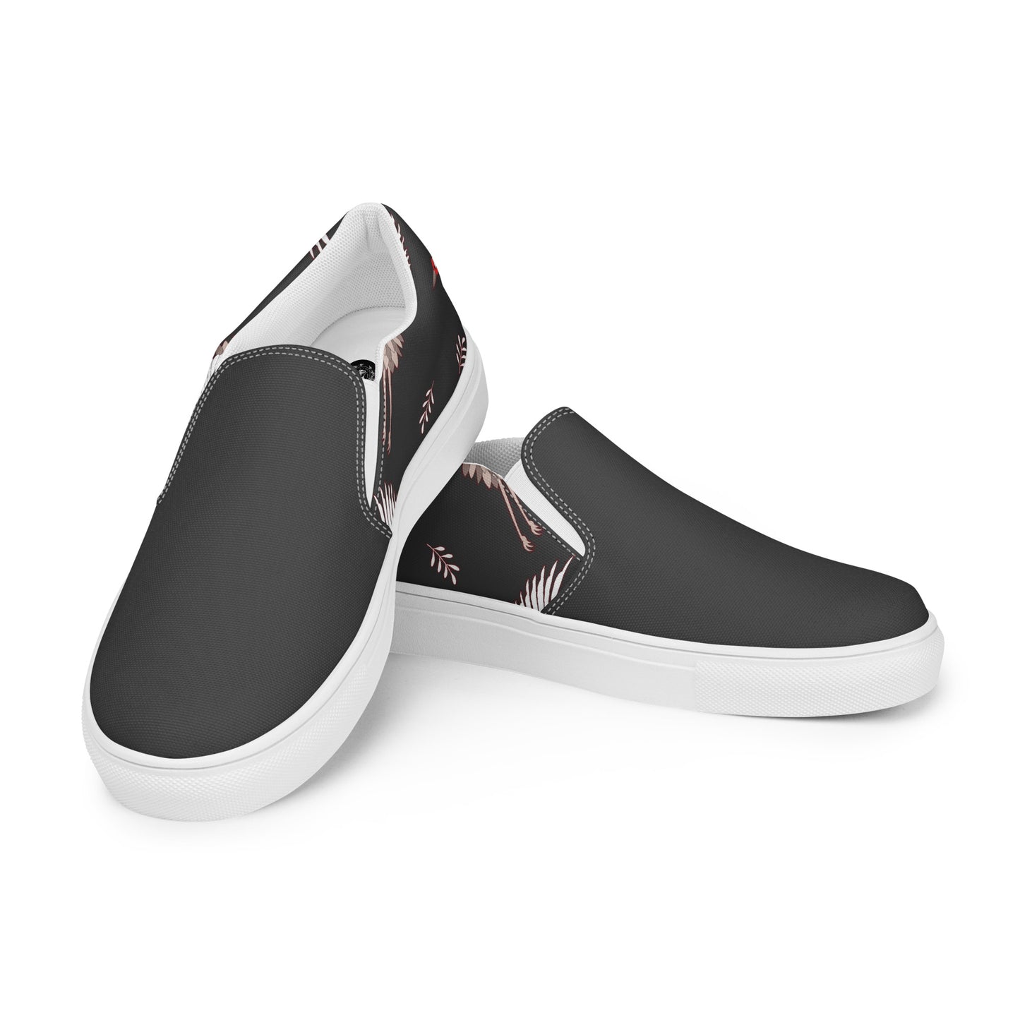 Women’s Custom Slip-on Canvas Shoes, Black with White Cranes, Asian Animal Print, Two-Tone