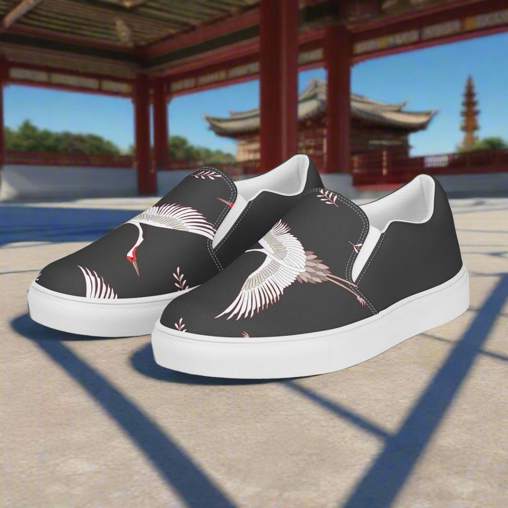 Women’s Custom Slip-on Canvas Shoes, Black with White Cranes, Asian Animal Print, Two Tone Design