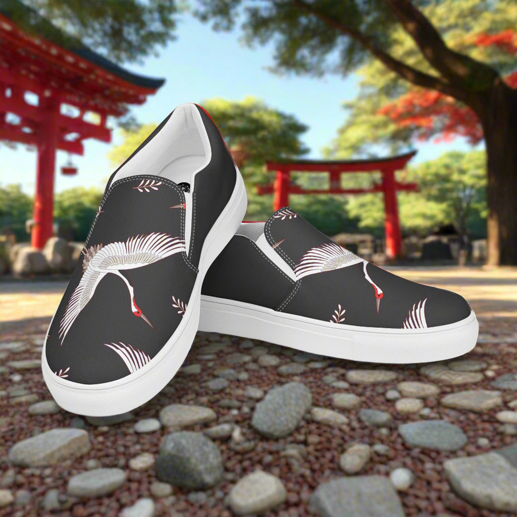 Women’s Custom Slip-on Canvas Shoes, Black with White Cranes, Asian Animal Print, Two Tone Design