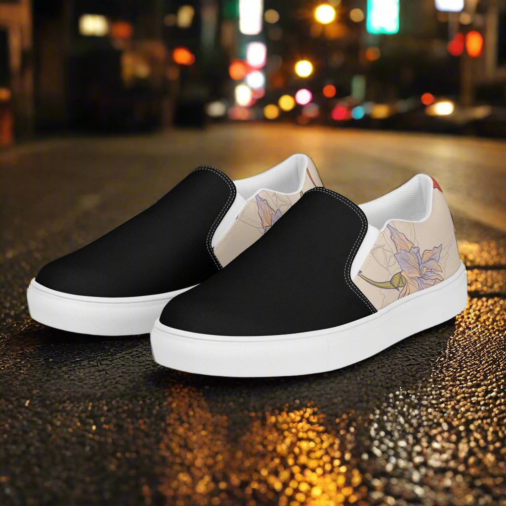 Women’s Custom, Floral Print, Slip-on Canvas Shoes, Purple and Pink Iris Flowers Two-Tone