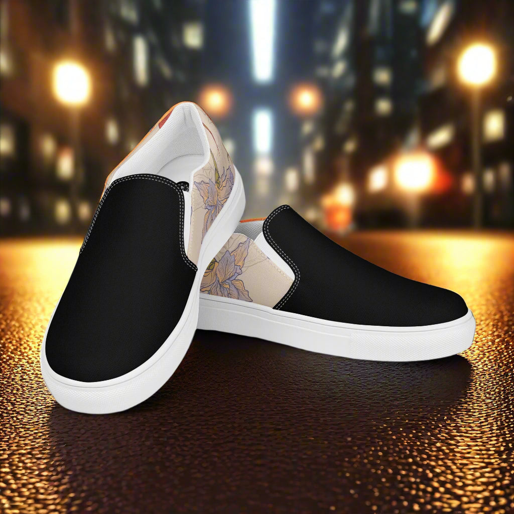 Women’s Custom, Floral Print, Slip-on Canvas Shoes, Purple and Pink Iris Flowers Two-Tone