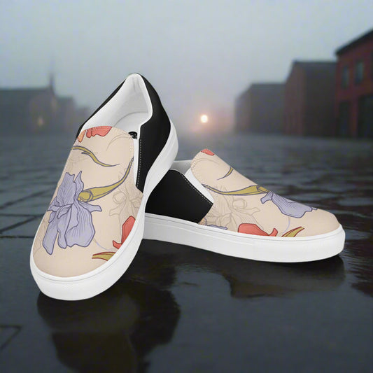 Women’s Custom Slip-on Canvas Shoes, Floral Print Purple and Pink Iris Halftone