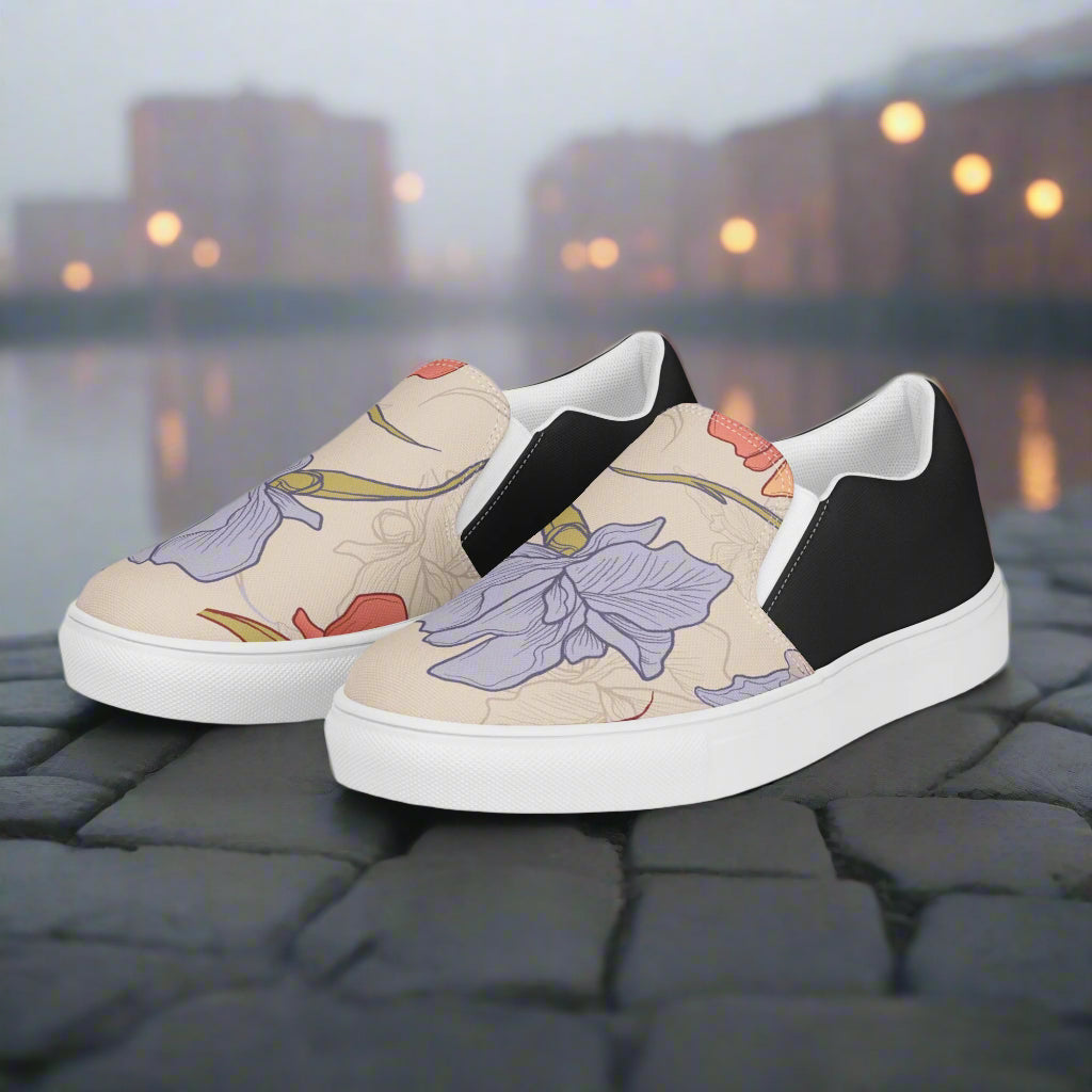 Women’s Custom Slip-on Canvas Shoes, Floral Print Purple and Pink Iris Halftone
