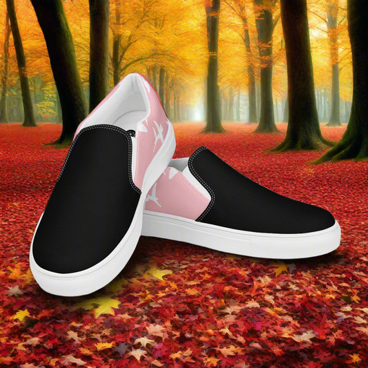 Women’s Custom, Slip-on Animal Print Canvas Shoes, Pastel Pink with White Birds Flying Two-Tone
