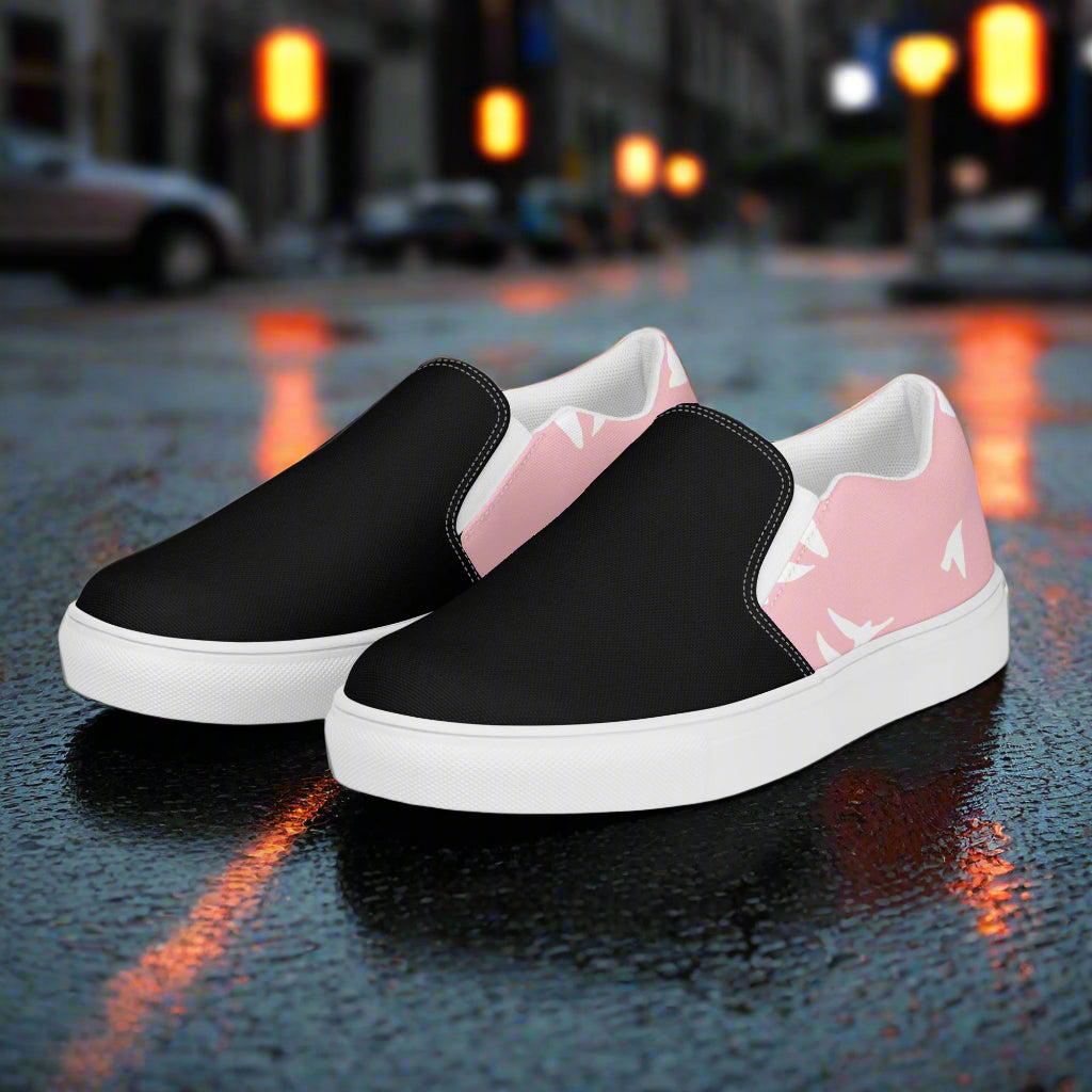 Women’s Custom, Slip-on Animal Print Canvas Shoes, Pastel Pink with White Birds Flying Two-Tone