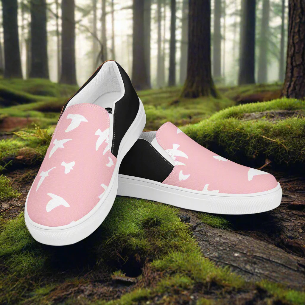 Women’s Custom Slip-on Animal Print Canvas Shoes, White birds on Pink, Halftone