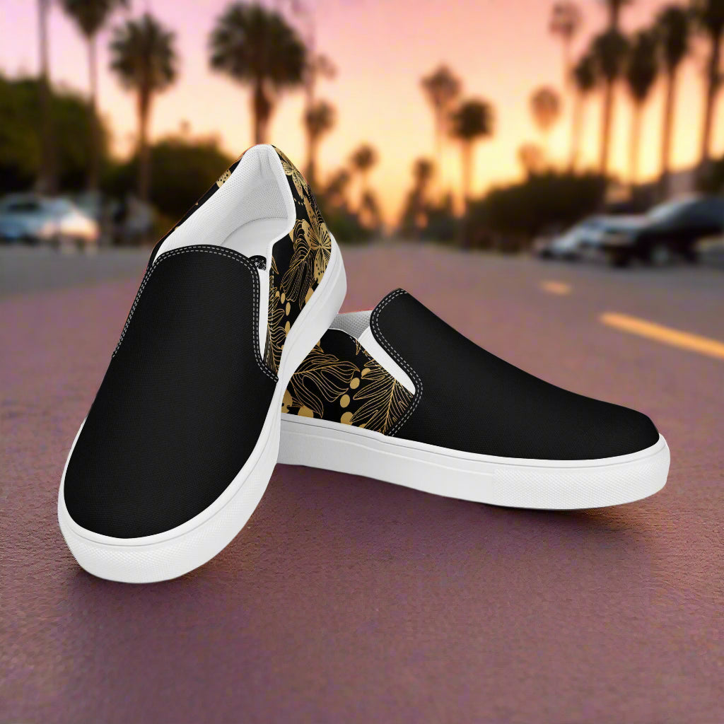 Women’s Floral Print Slip-on Canvas Shoes - Retro Style Golden Lily Two-Tone Pattern