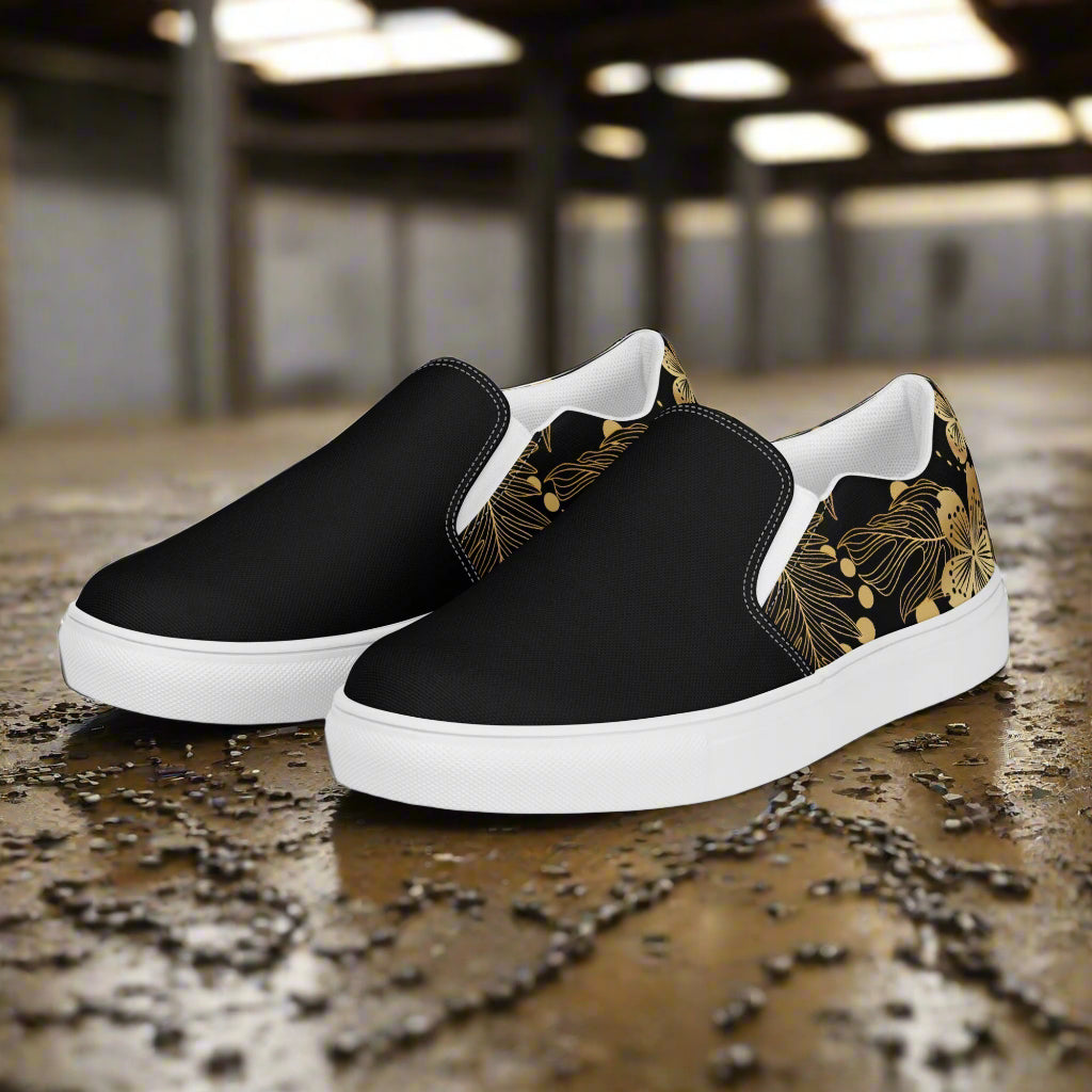 Women’s Floral Print Slip-on Canvas Shoes - Retro Style Golden Lily Two-Tone Pattern