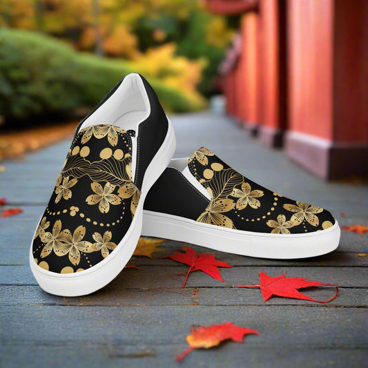 Women’s Retro Floral Print Slip-on Canvas Shoes - Golden Lily Halftone