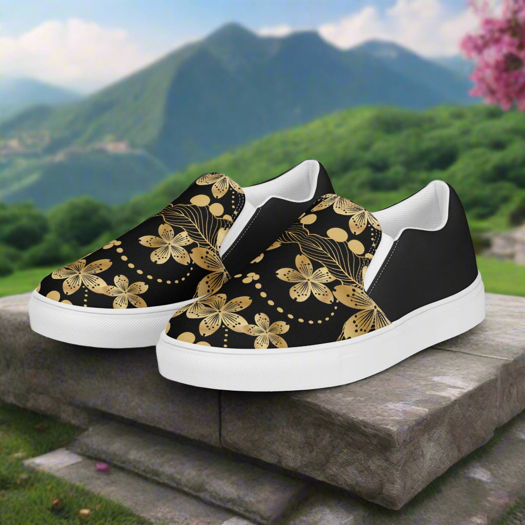 Women’s Retro Floral Print Slip-on Canvas Shoes - Golden Lily Halftone