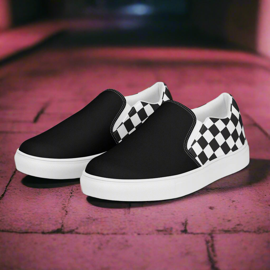 Women’s Custom Slip-On Canvas Shoes - Black Checkerboard Two-Tone Pattern
