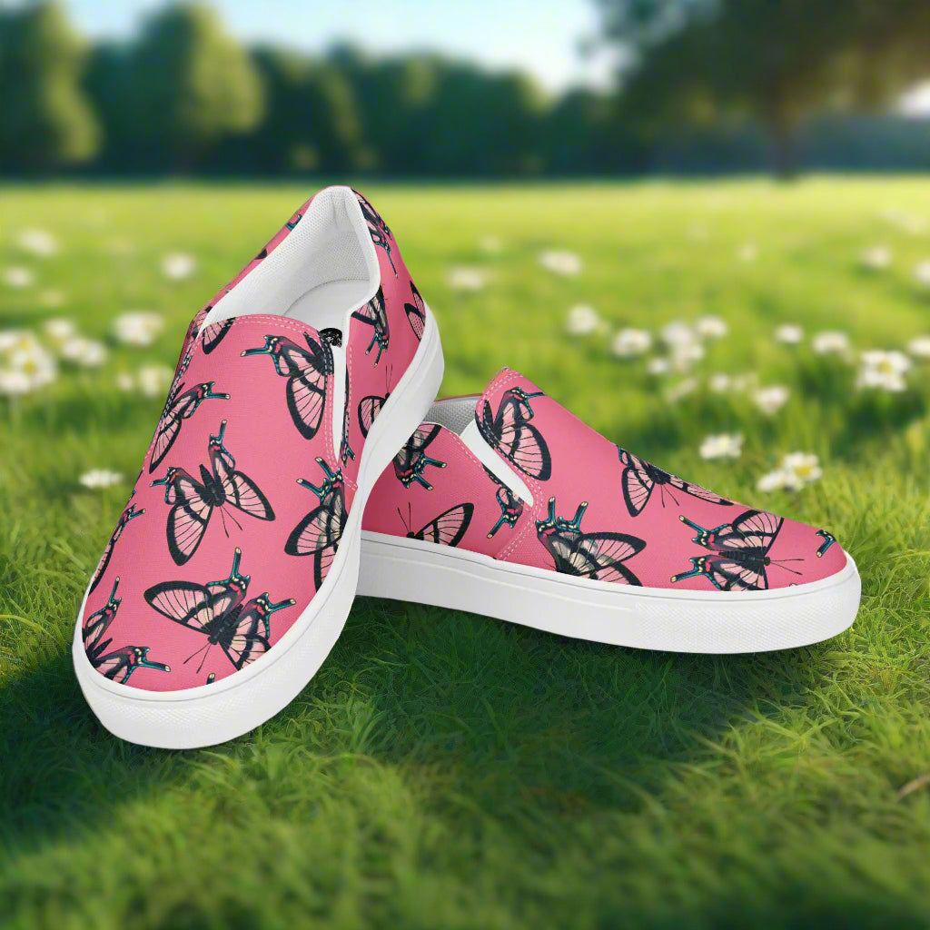 Women’s Custom Slip-on Canvas Shoes Pink & Black Butterfly Print