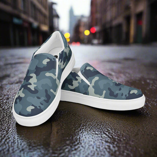 Women’s Slip-On Canvas Shoes Blue Grey Camouflage Print