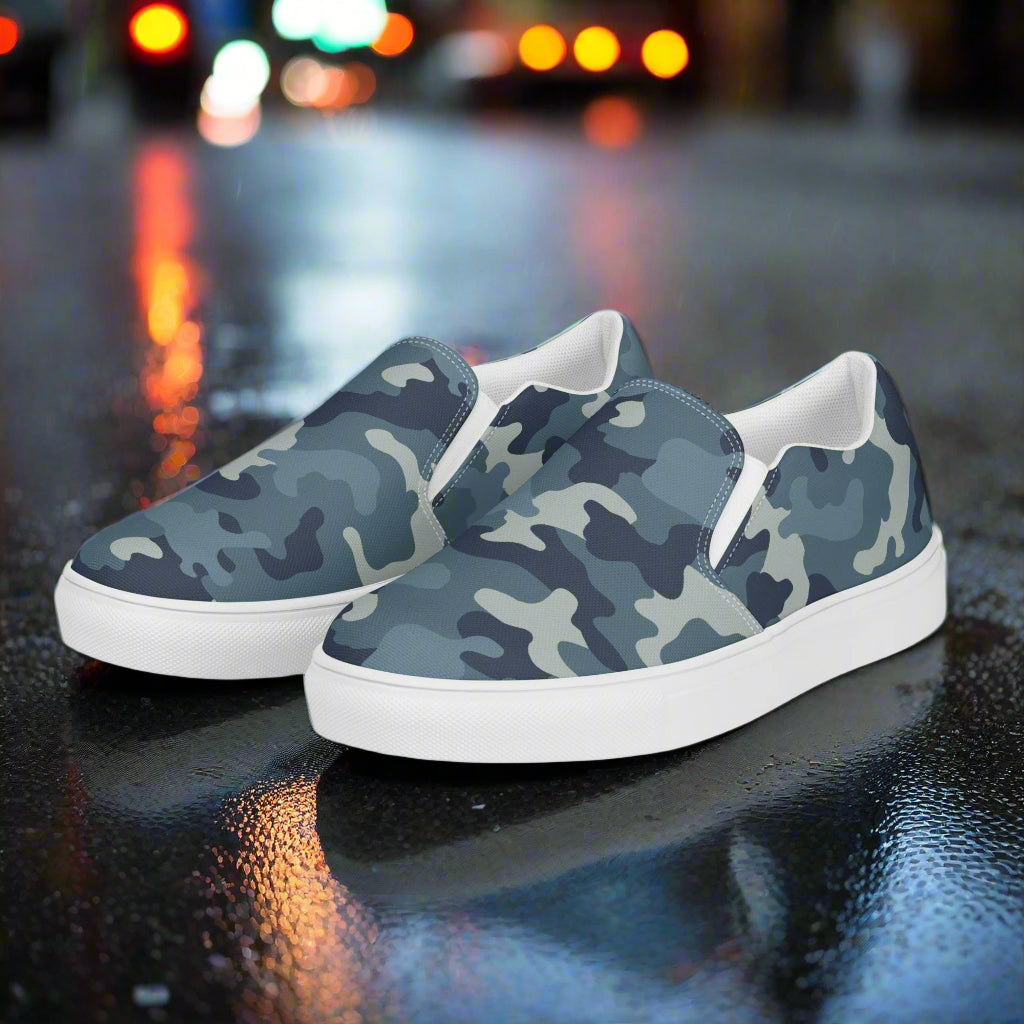 Women’s Slip-On Canvas Shoes Blue Grey Camouflage Print