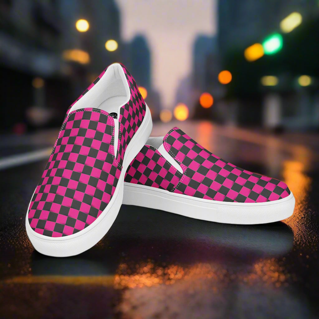 Women’s Custom Pink and Black Checkerboard Pattern Slip-On Canvas Sneakers