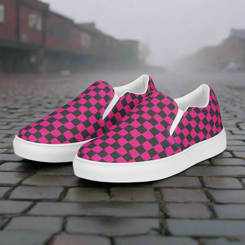 Women’s Custom Pink and Black Checkerboard Pattern Slip-On Canvas Sneakers