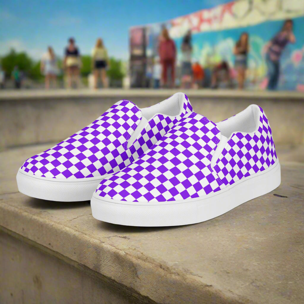 Women’s Custom Slip-On Canvas Shoes Purple and White Checkerboard Pattern
