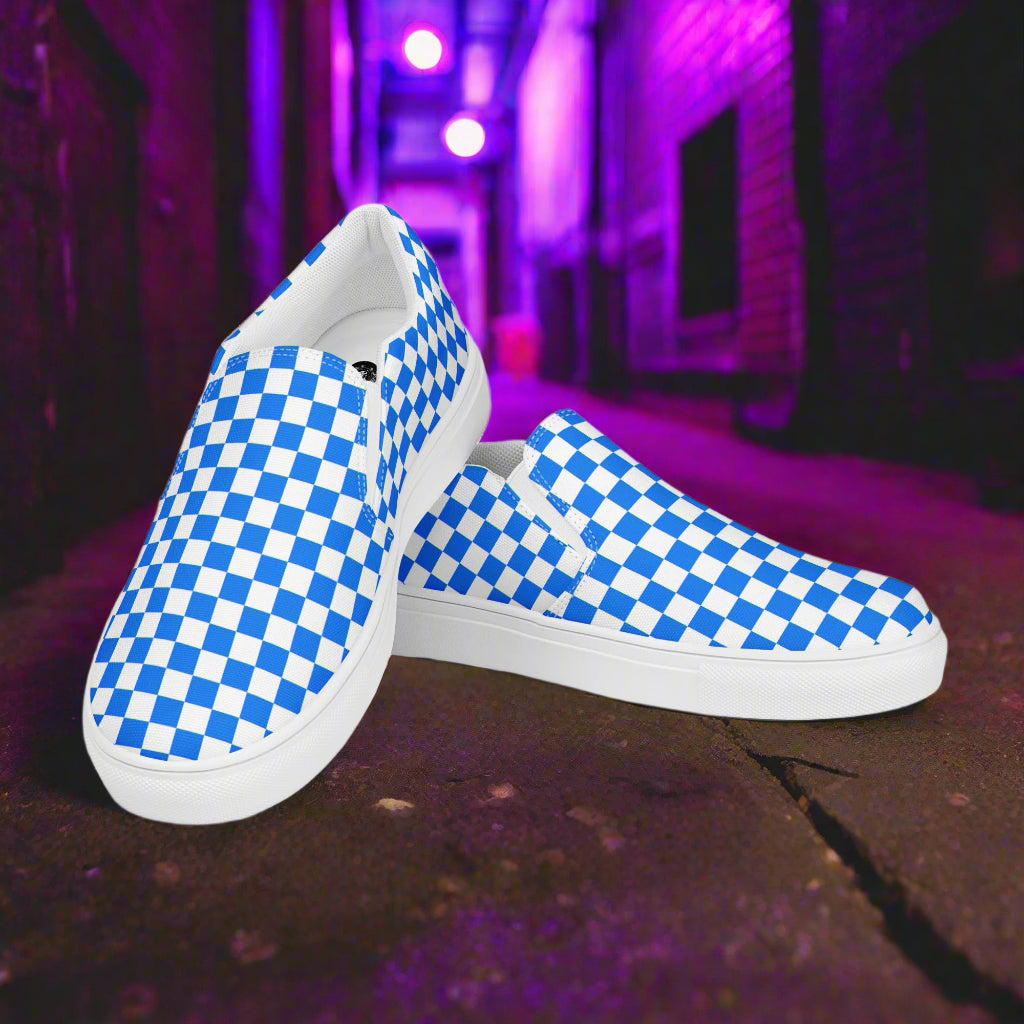 Women’s Custom Slip-On Canvas Sneakers Blue Checkerboard Pattern