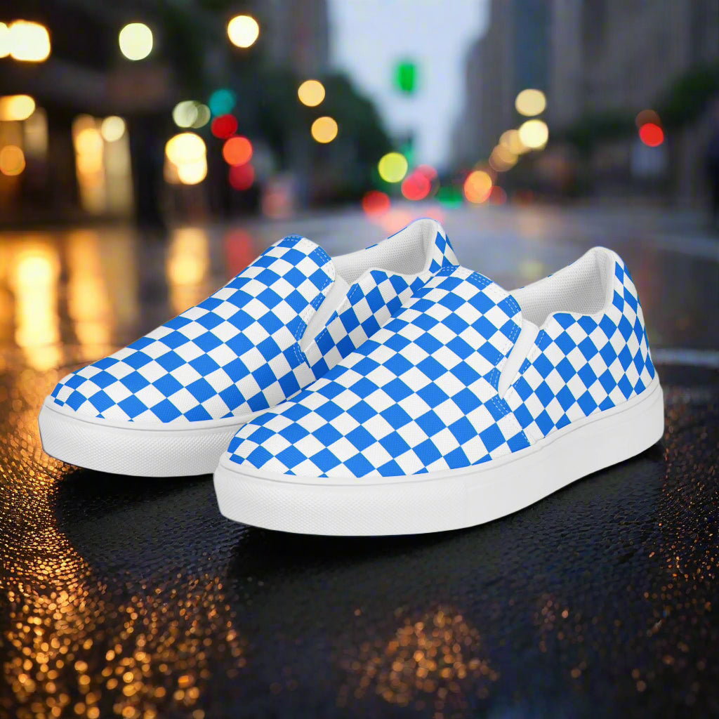Women’s Custom Slip-On Canvas Sneakers Blue Checkerboard Pattern