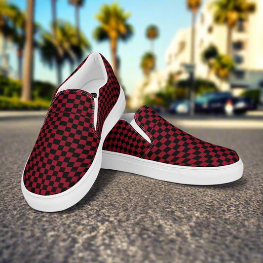 Women’s Custom Slip-On Canvas Shoes Black and Red Checkerboard Pattern