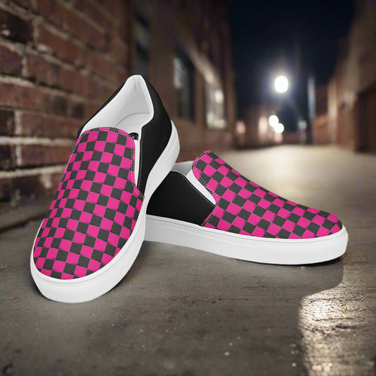 Women’s Pink and Black Checkered Slip-On Canvas Sneakers Halftone