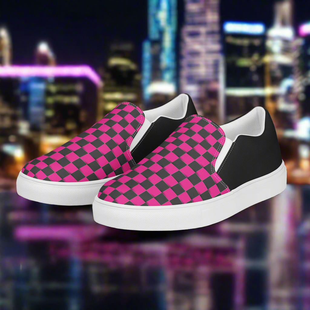 Women’s Pink and Black Checkered Slip-On Canvas Sneakers Halftone