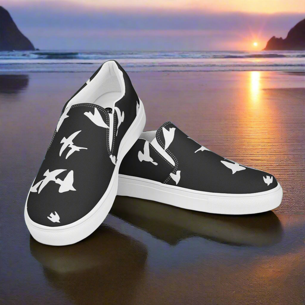 Women’s Black Slip-on Canvas Shoes with White Birds Animal Print