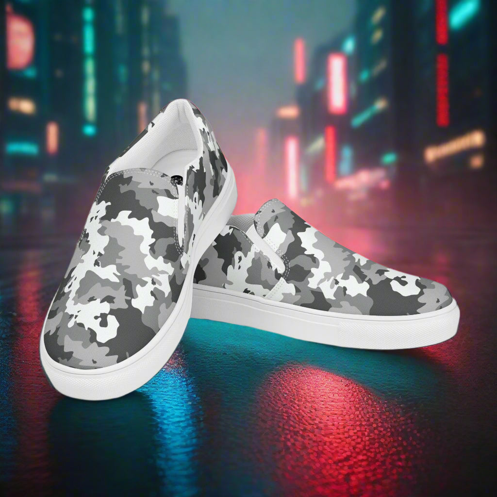 Women’s Black and White Camo Slip-On Canvas Sneakers