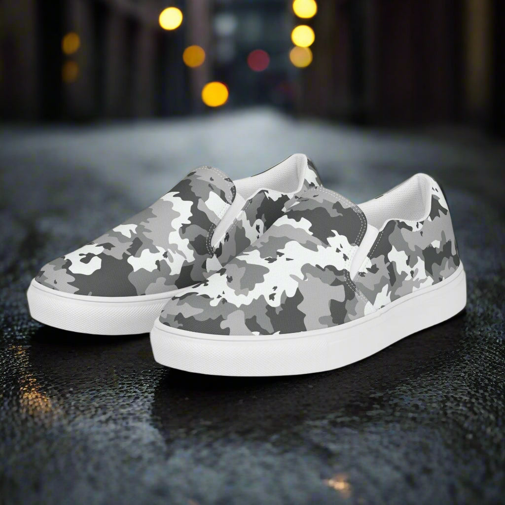 Women’s Black and White Camo Slip-On Canvas Sneakers