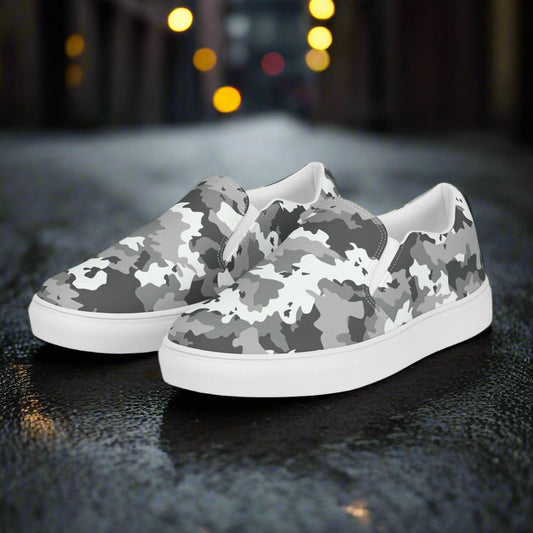 Women’s Black and White Camo Slip-On Canvas Sneakers