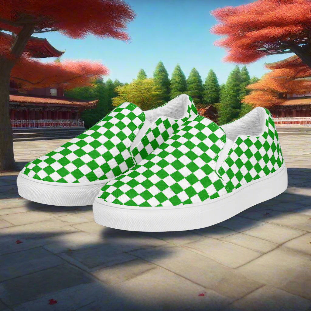 Women’s Custom Slip-On Canvas Sneakers Green and White Checkered Pattern