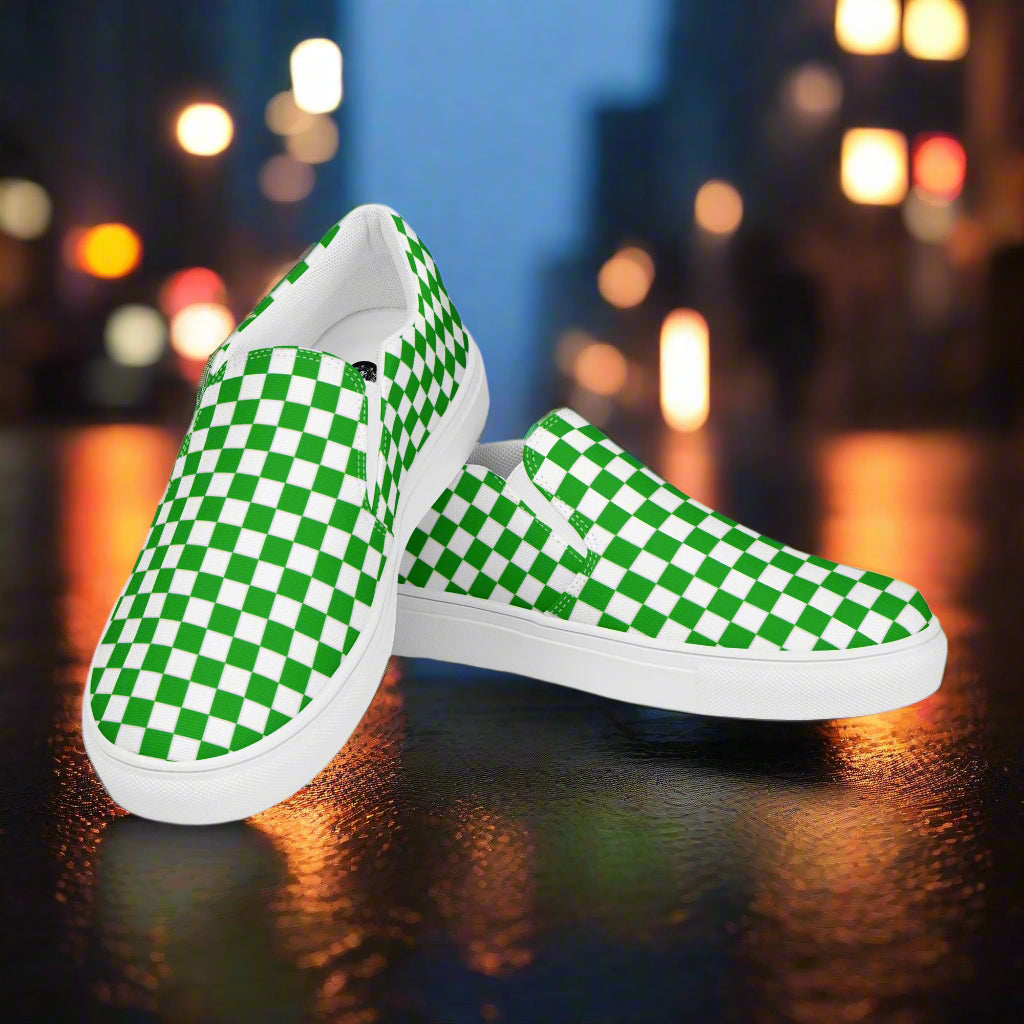 Women’s Custom Slip-On Canvas Sneakers Green and White Checkered Pattern